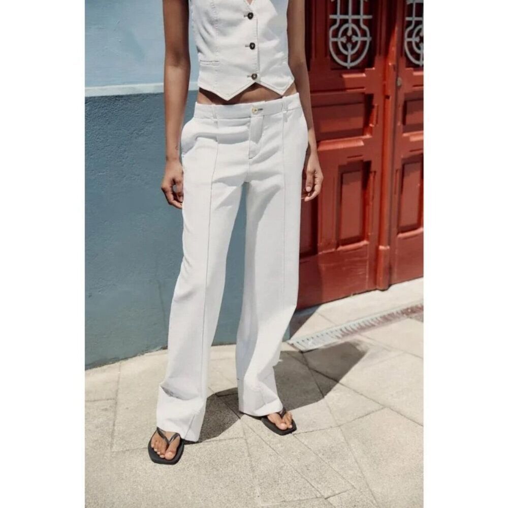 Zara Womens Trousers with Top Stitching Large White Flared Straight 7978/622 NWT